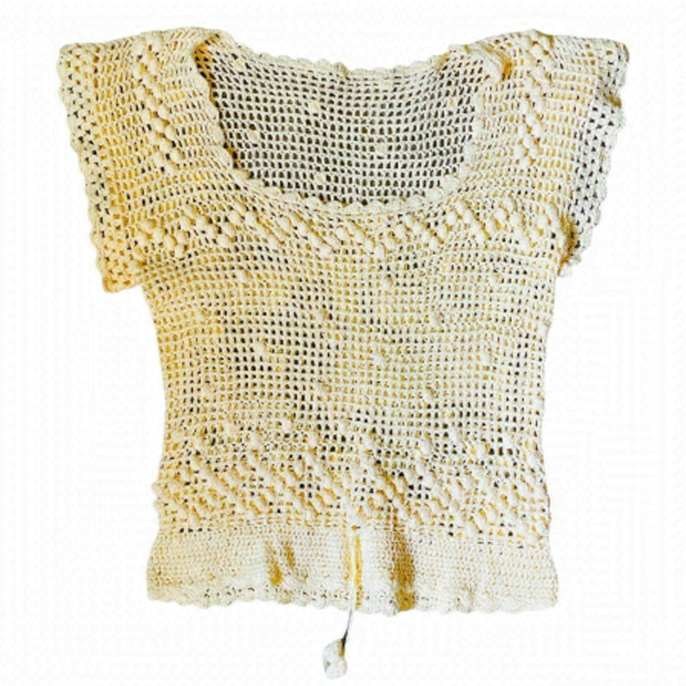 𝅺HANDMADE Hand Crafted Crochet Pale Yellow Hand Knitted Y2K Short Sleeve Top